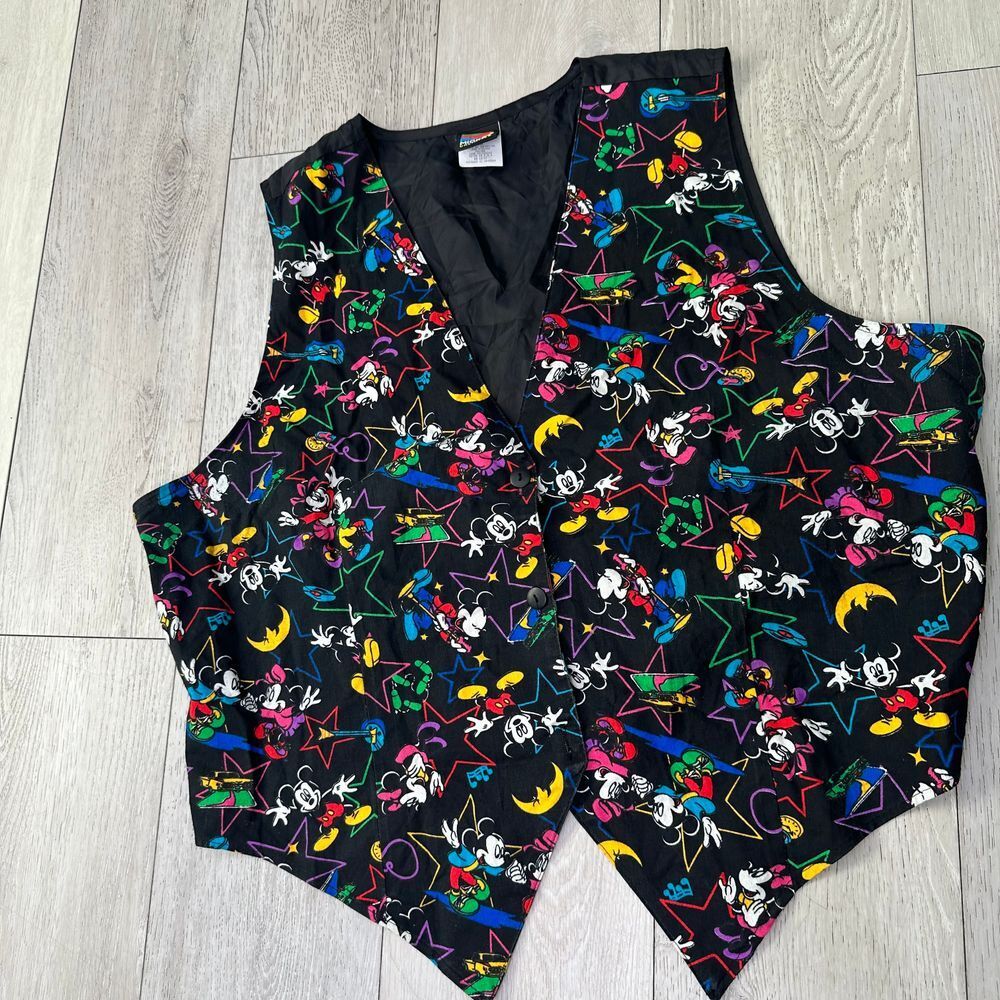 Disney vintage Mickey Unlimited vest all over print black multi size 20w‎ retro